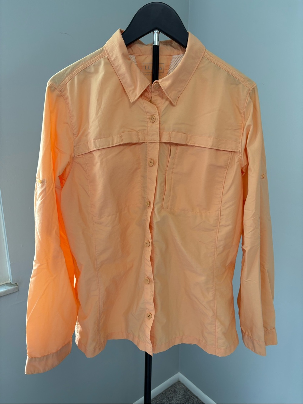 LL Bean Tropicwear Shirt Peach Vented Roll Tab Long Sleeve Size L Utility Chic - Picture 2 of 10